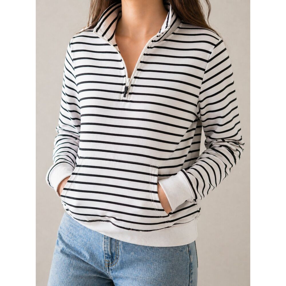 St. John’s Bay Petite Striped Quarter Zip Pullover Sweater Size PL Black & White